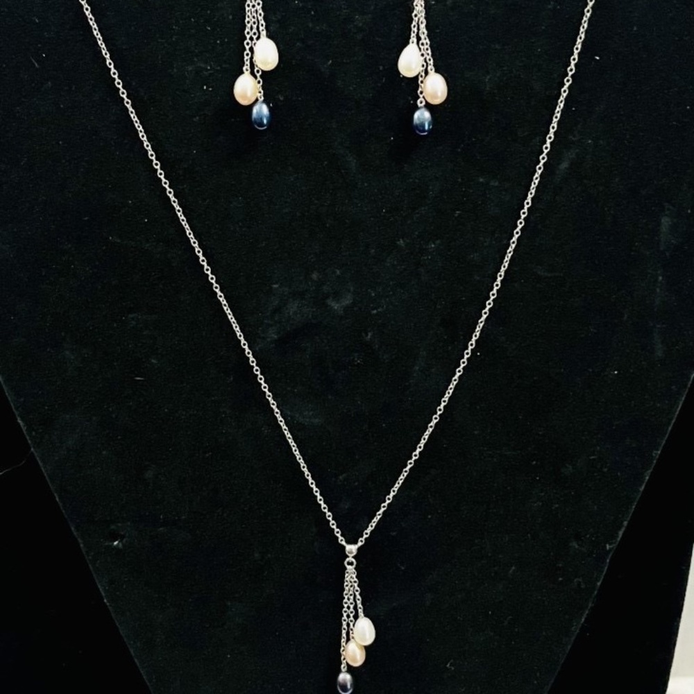 Vintage 14K White Gold Pink, White and Black Pearl Earring and Necklace Set